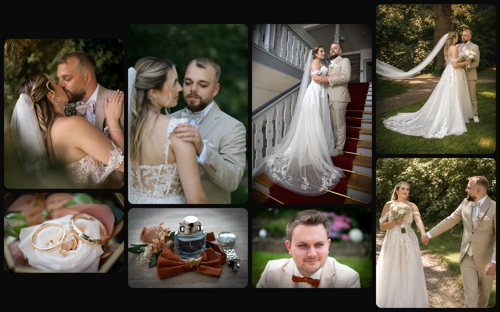 Hochzeitsfoto-Collage mit echten Paarportraits, Details, Trauringen und Reportageaufnahmen